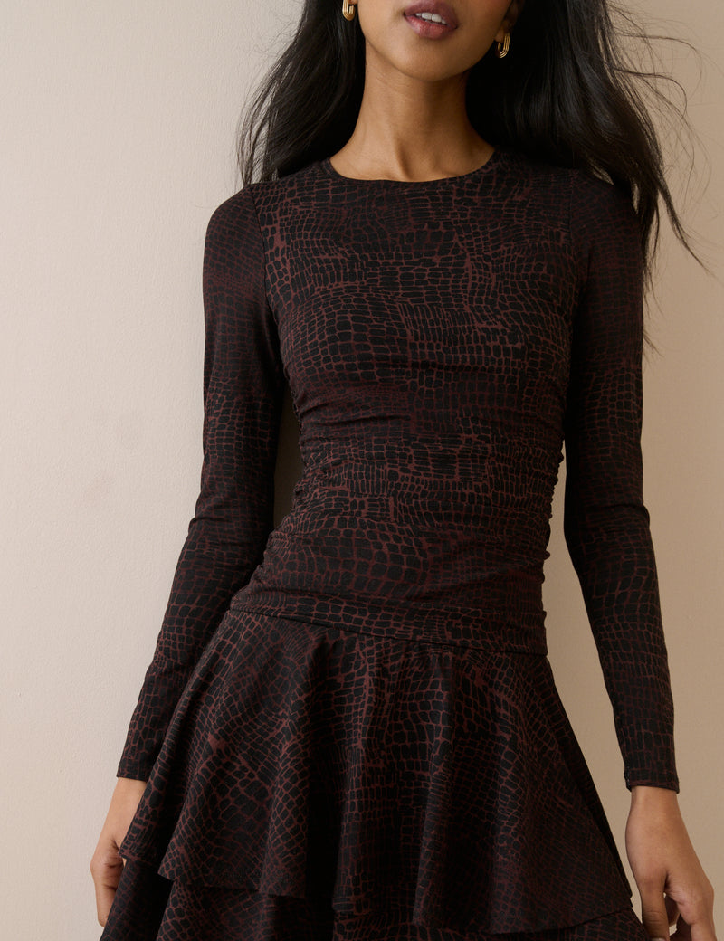 Brown Crocodile Print Long Sleeve Yuki Mini Dress