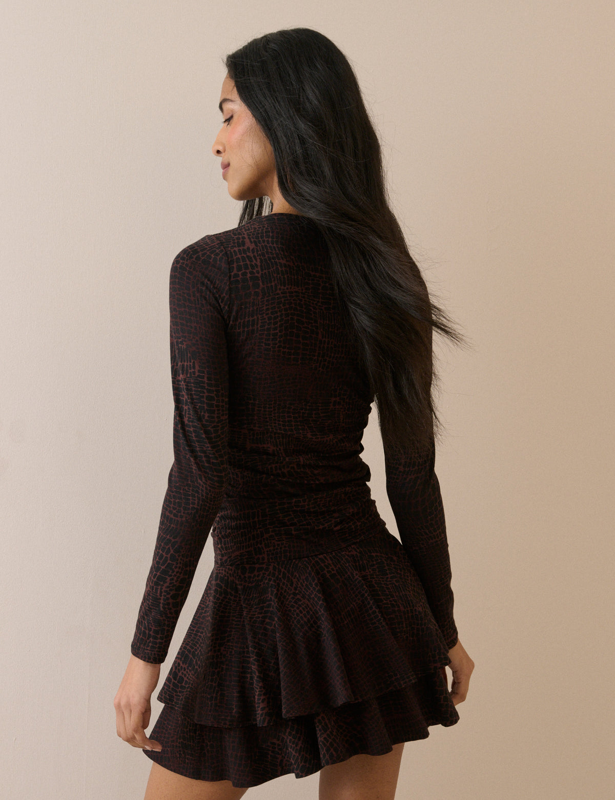 Brown Crocodile Print Long Sleeve Yuki Mini Dress