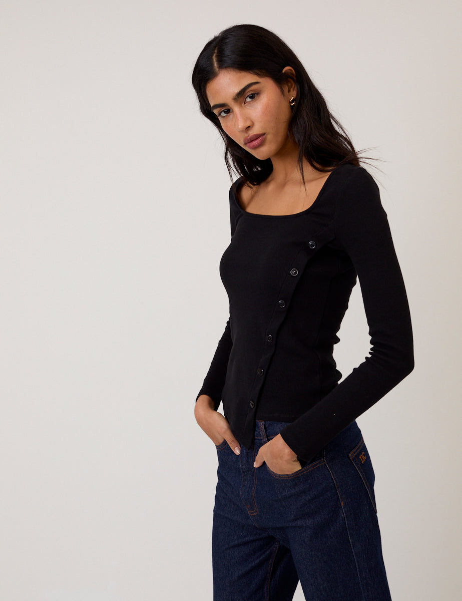 Black Square Neck Asymmetric Top