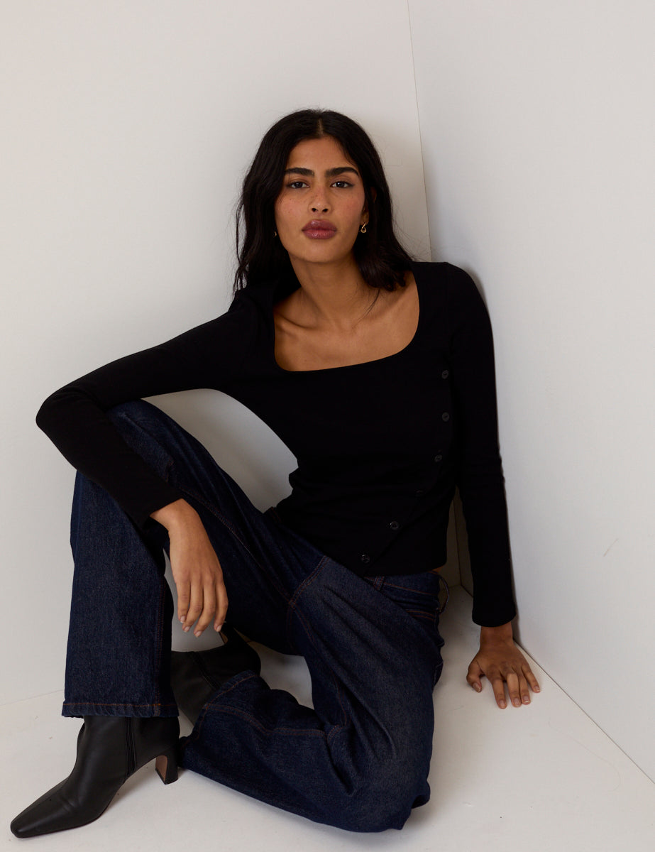 Black Square Neck Asymmetric Top