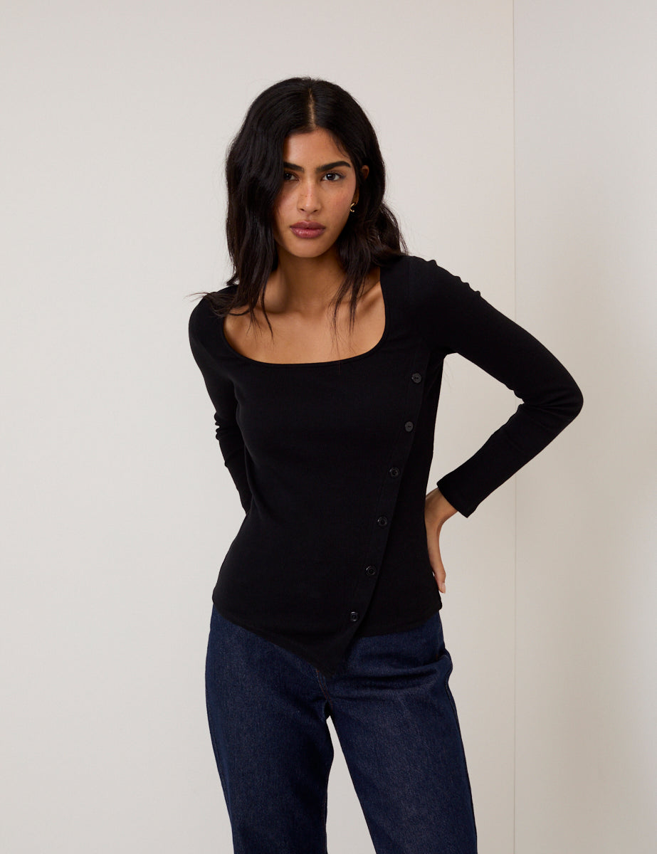Black Square Neck Asymmetric Top