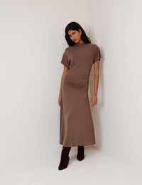 Brown Ruched Niamh Jersey Midi Dress