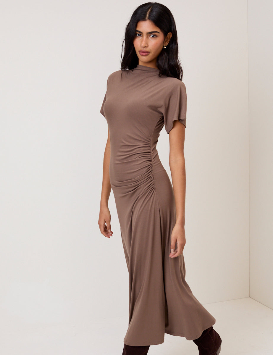 side ruched jersey midi dress Khaki Ruched Jersey Jordan Midi Dress