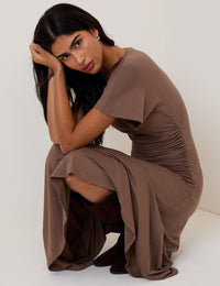 Brown Ruched Niamh Jersey Midi Dress