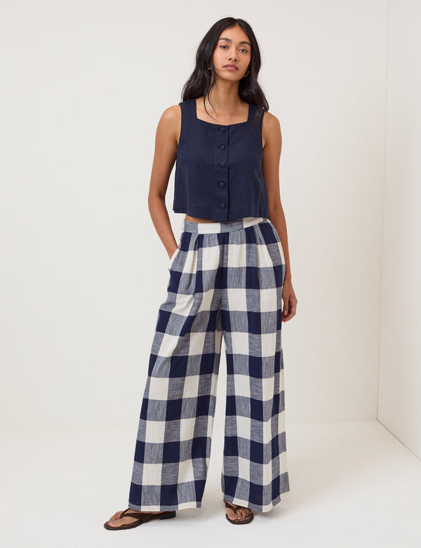 Navy Linen-Blend Button Front Top