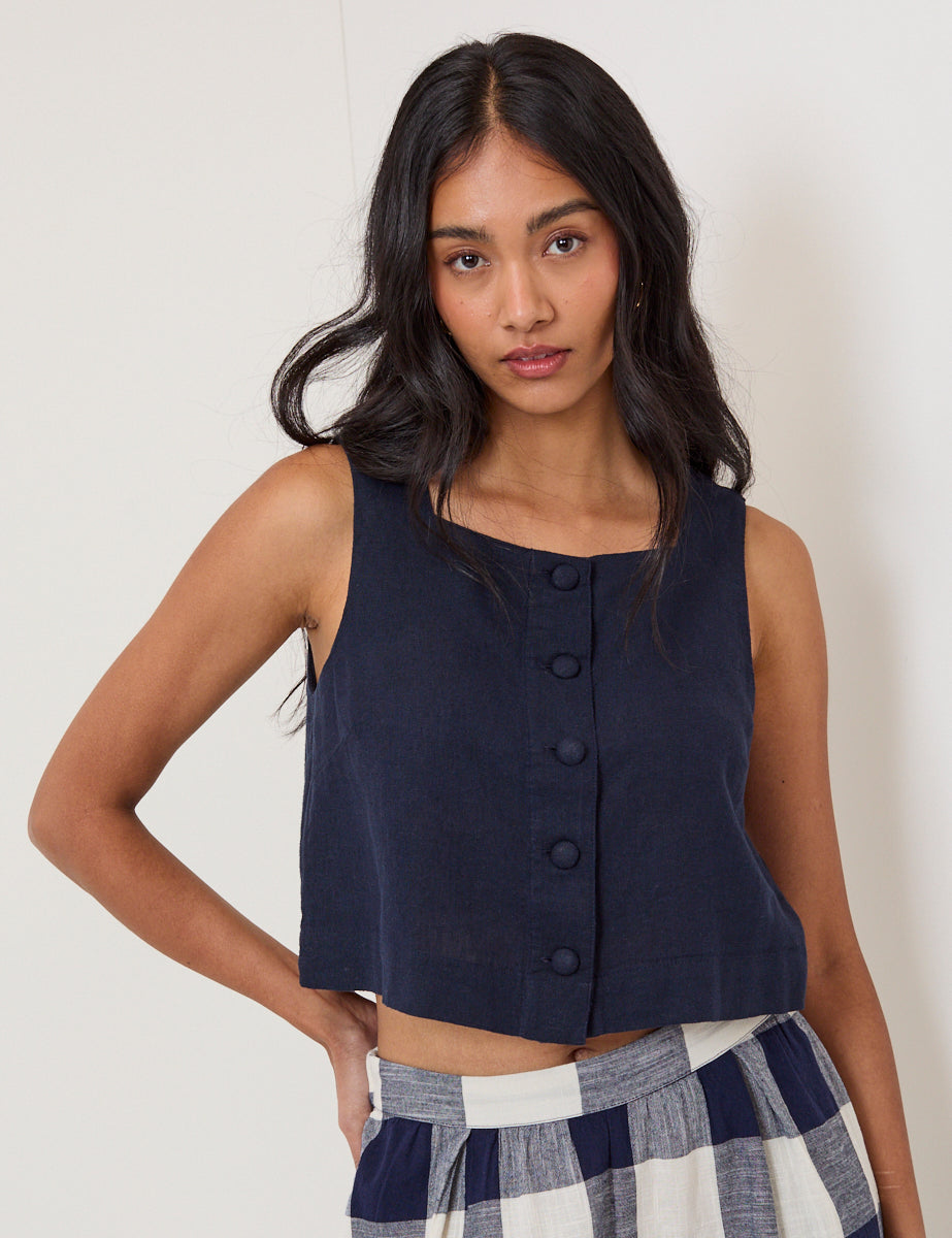 Navy Linen-Blend Button Front Top