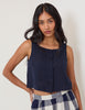 Navy Linen-Blend Button Front Top