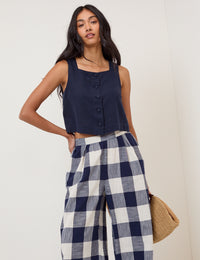 Navy Linen-Blend Button Front Top