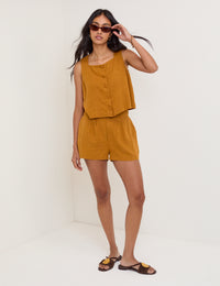 Orange Linen-Blend Button Front Top