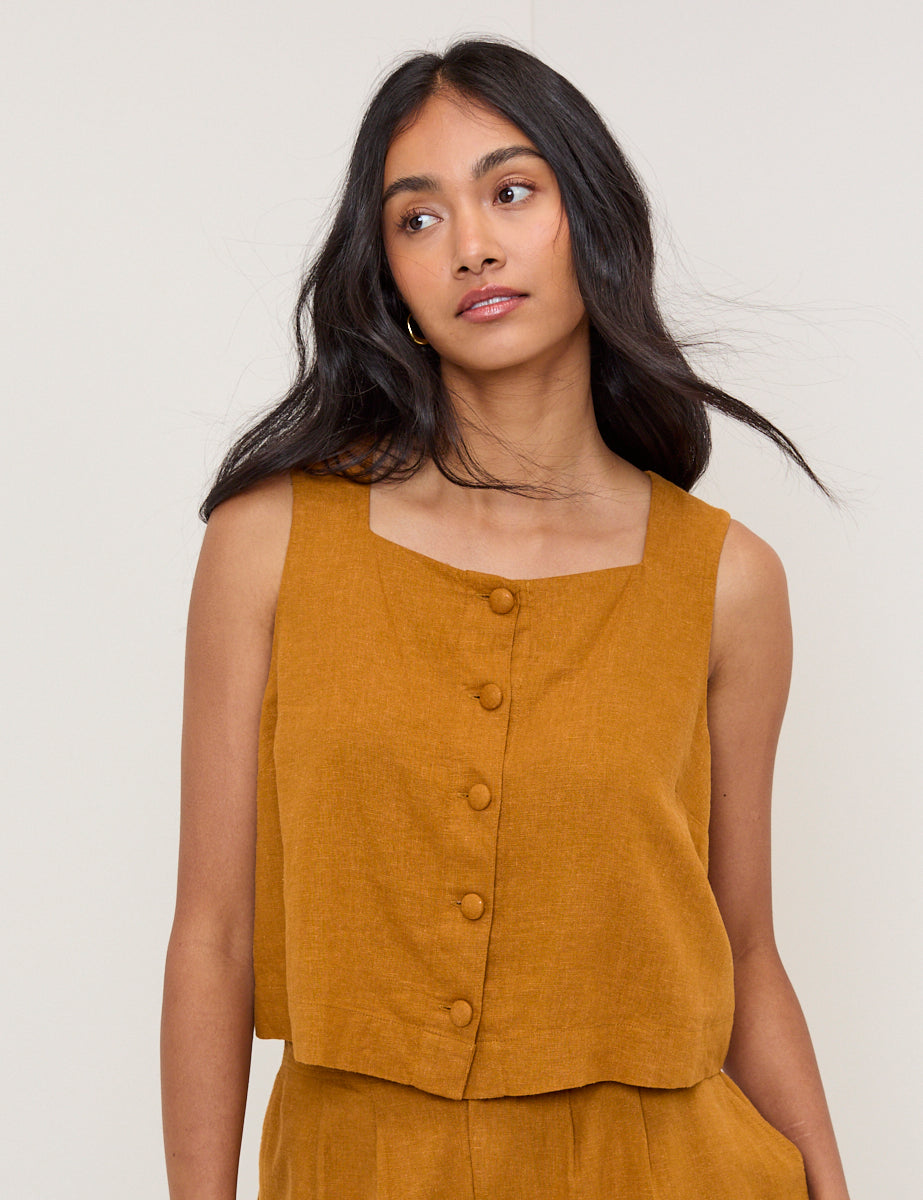 Orange Linen-Blend Button Front Top