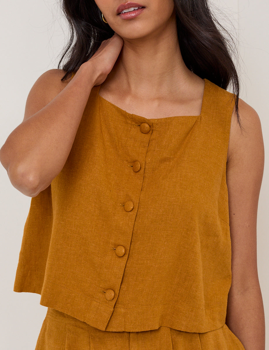 Orange Linen-Blend Button Front Top