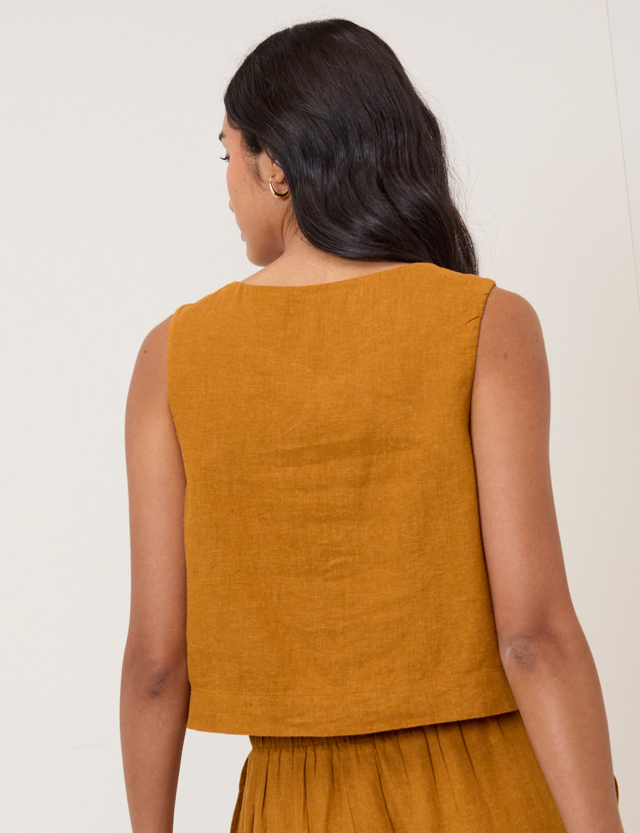 Orange Linen-Blend Button Front Top