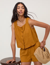 Orange Linen-Blend Button Front Top