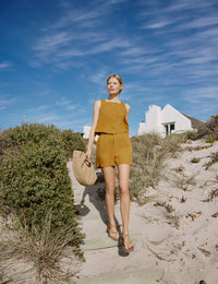 Orange Linen-Blend Button Front Top