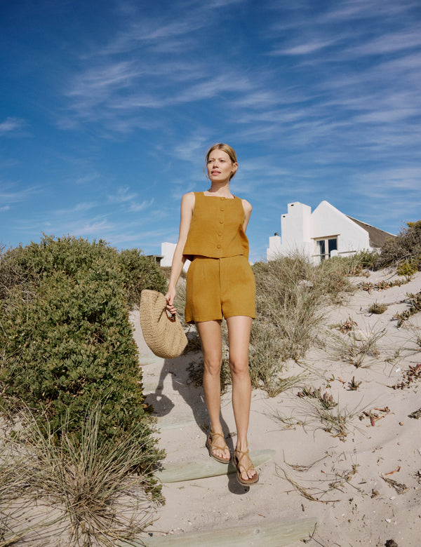 Orange Linen-Blend Button Front Top