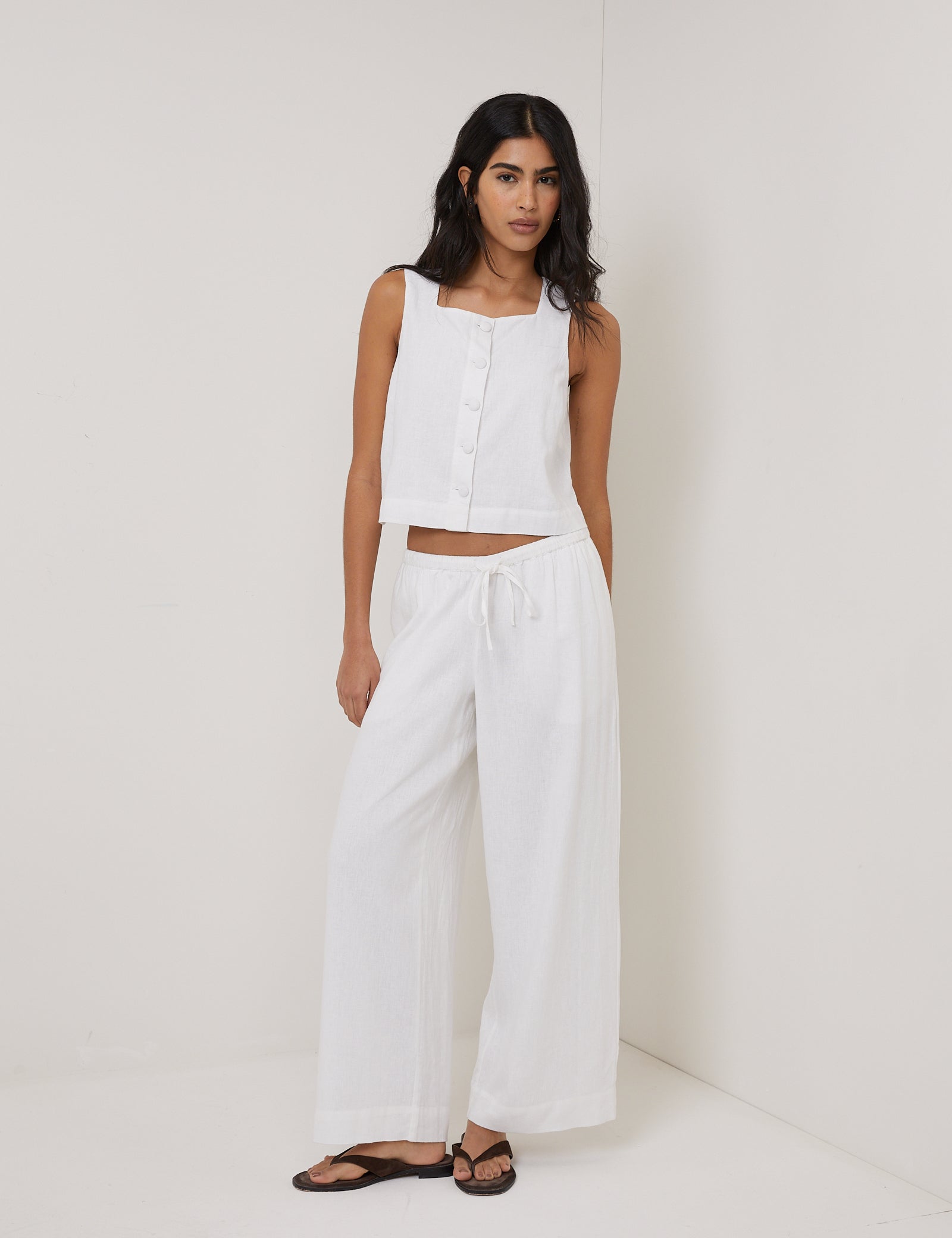 White Linen-Blend Button Front Top