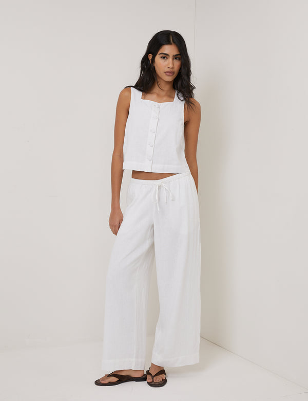 White Linen-Blend Button Front Top