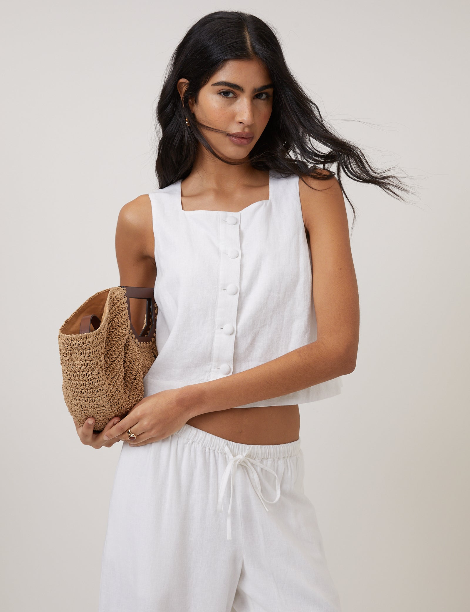 White Linen-Blend Button Front Top