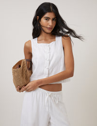 White Linen-Blend Button Front Top