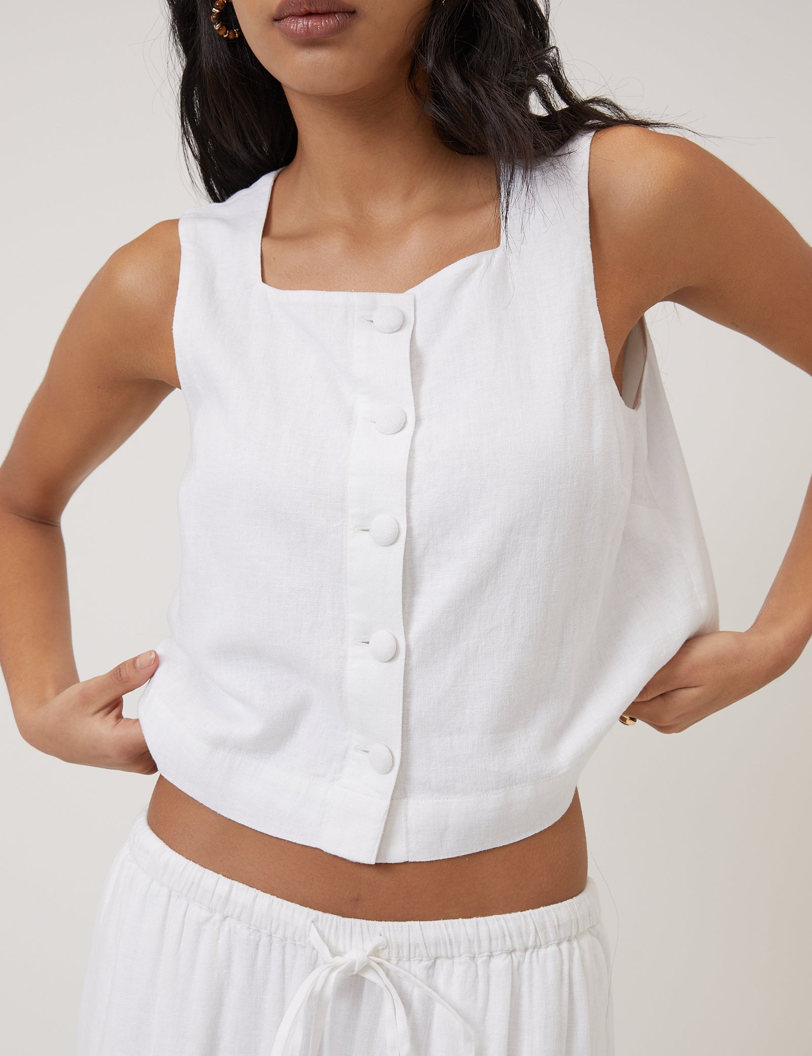 White Linen-Blend Button Front Top