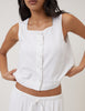 White Linen-Blend Button Front Top