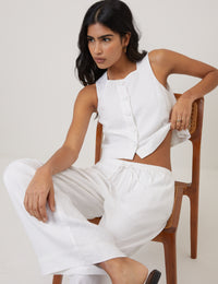 White Linen-Blend Button Front Top