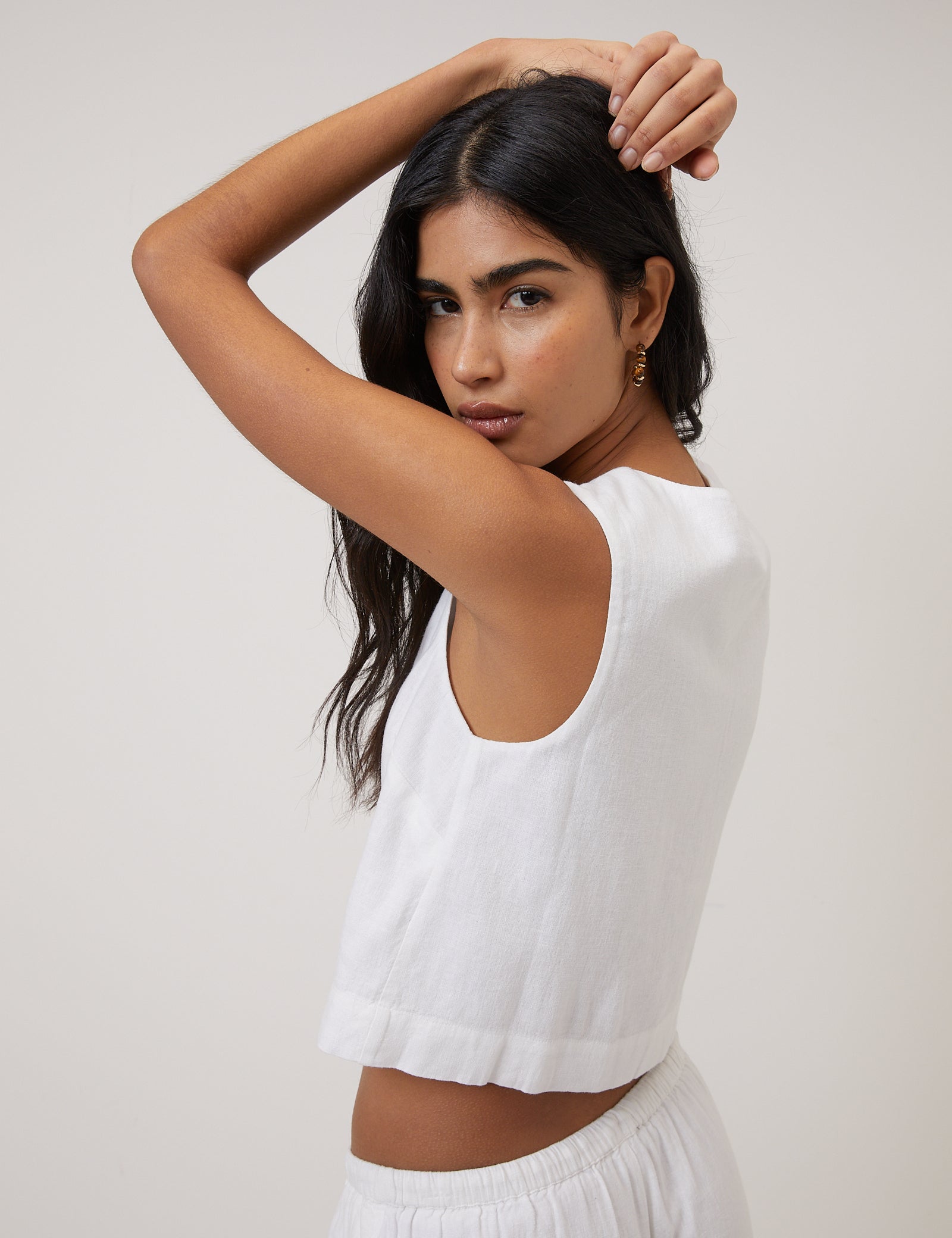 White Linen-Blend Button Front Top