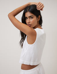 White Linen-Blend Button Front Top