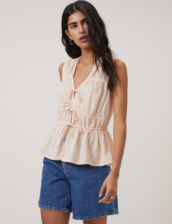 Pink Cordie Ruched Tie Front Top