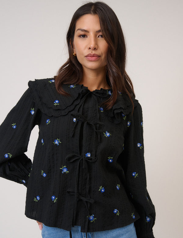 Navy Floral Embroidered Tie Front Top