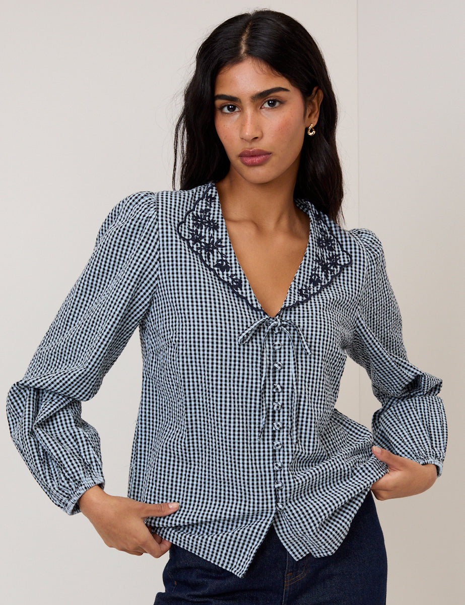 Navy Gingham Embroidered Collared Blouse