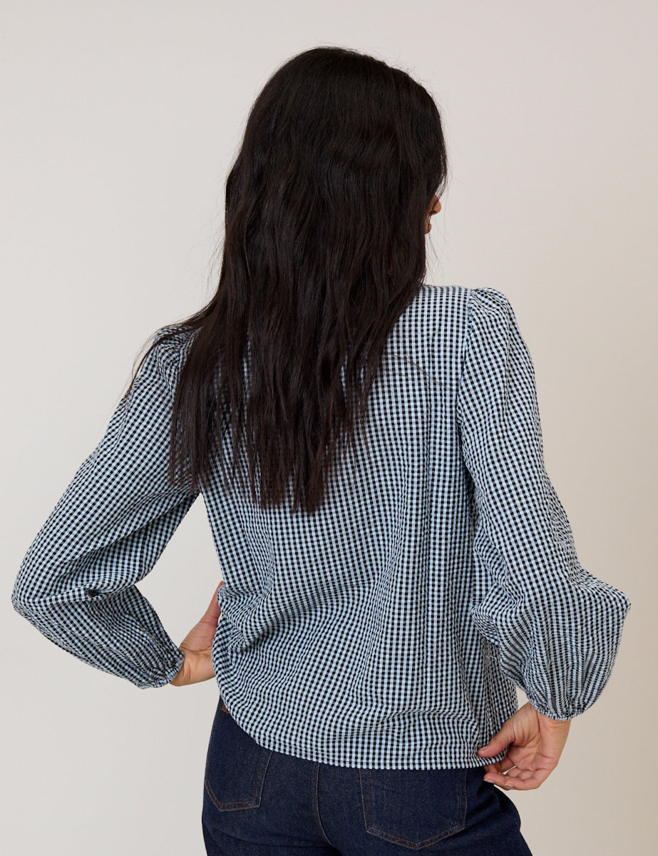Navy Gingham Embroidered Collared Blouse