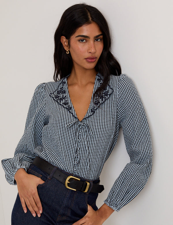 Navy Gingham Embroidered Collared Blouse