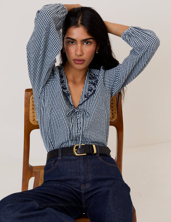 Navy Gingham Embroidered Collared Blouse