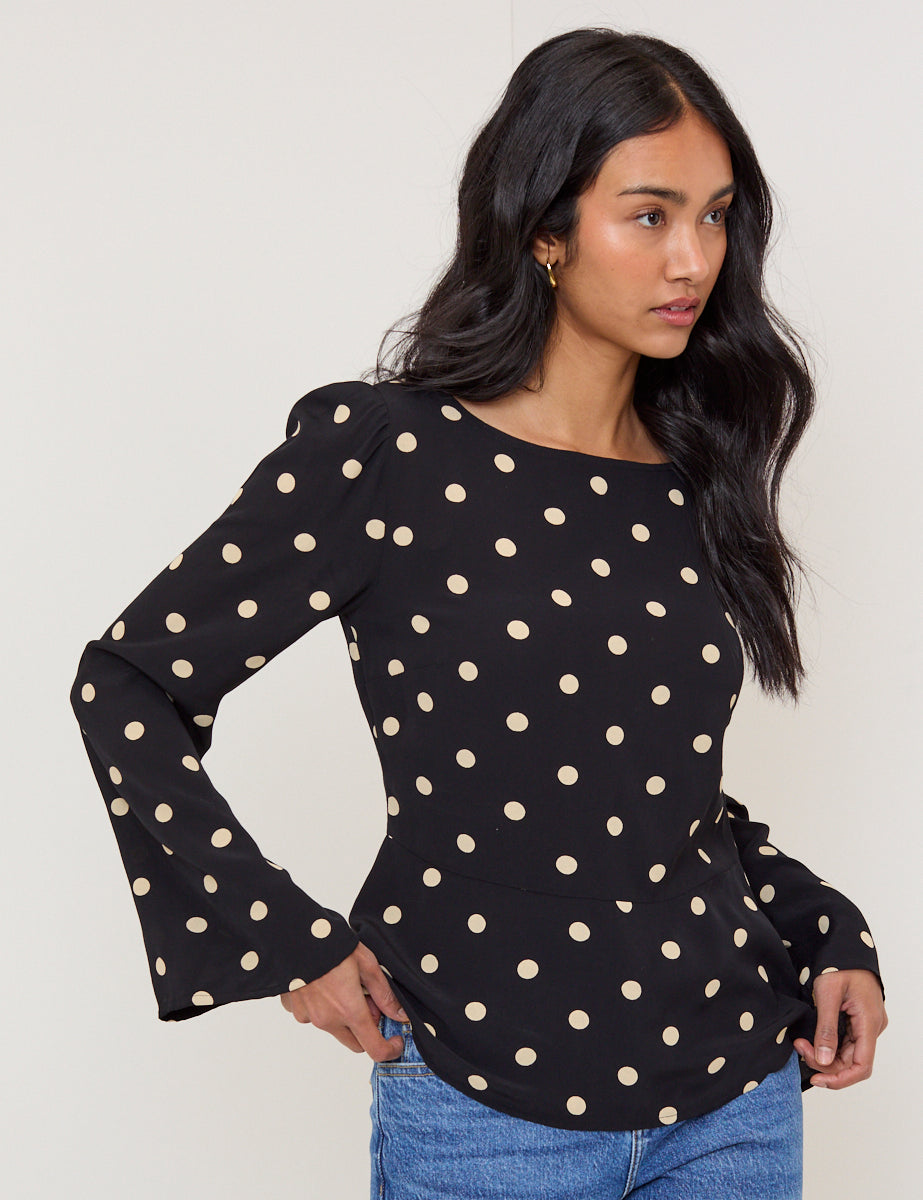 Black Polka Dot Flute Sleeve Blouse