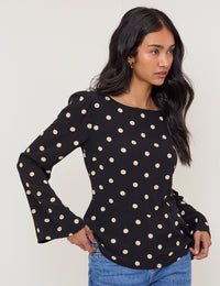 Black Polka Dot Flute Sleeve Blouse