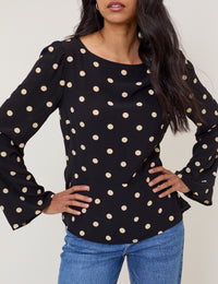 Black Polka Dot Flute Sleeve Blouse