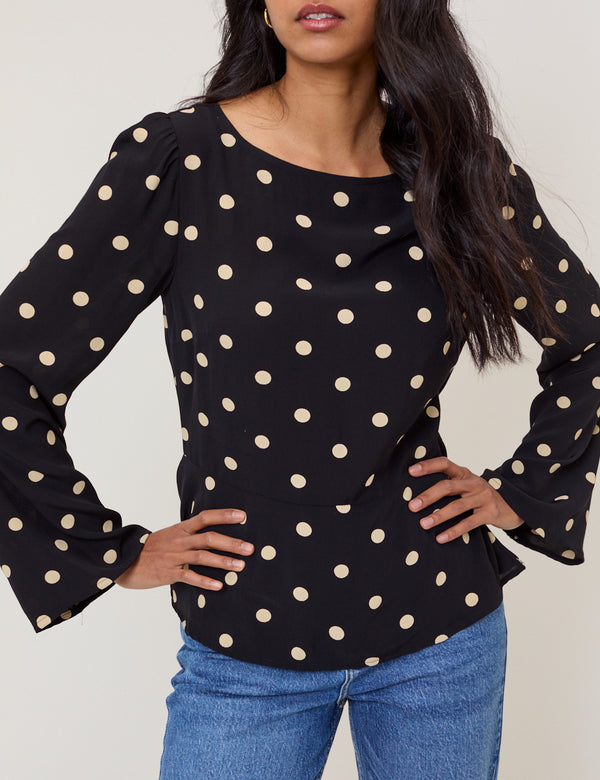 Black Polka Dot Flute Sleeve Blouse
