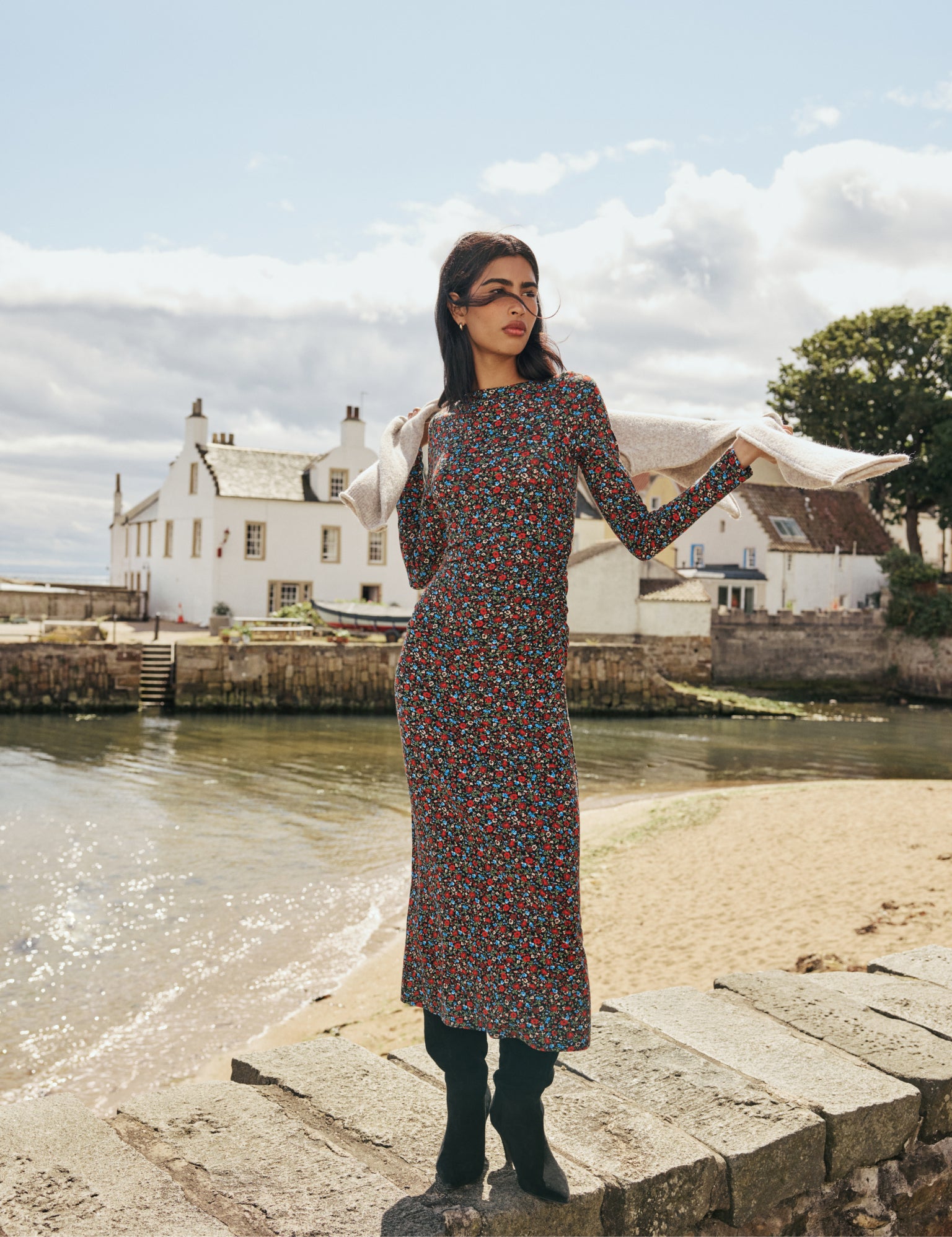 Black Ditsy Floral Jersey Laurella Midi Dress