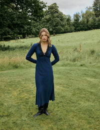 Navy Polka Dot Lace Trim Aida Midi Dress