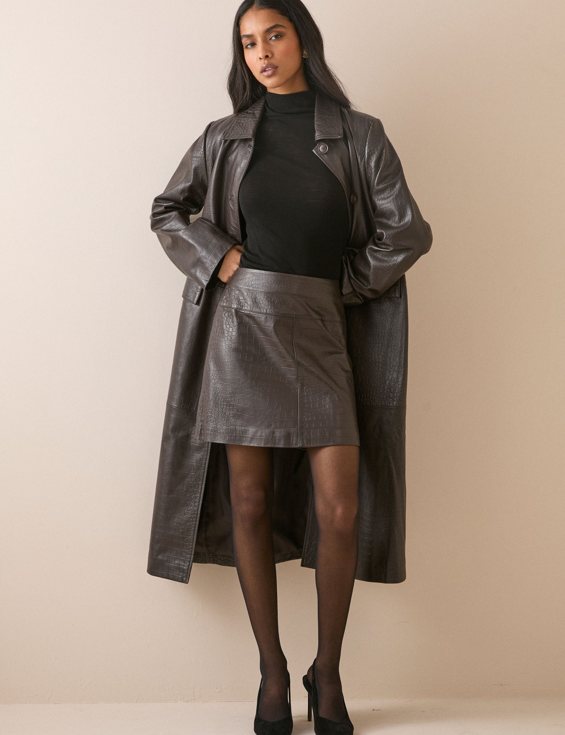 Brown Textured Leather Mini Skirt