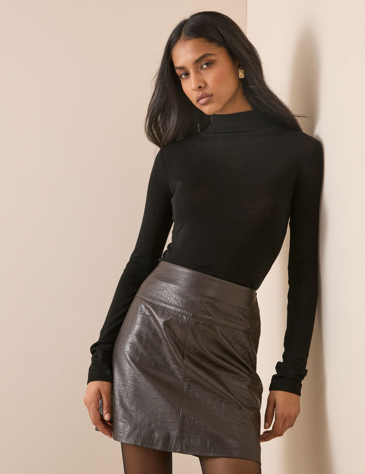 Brown Textured Leather Mini Skirt