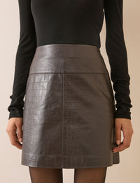 Brown Textured Leather Mini Skirt
