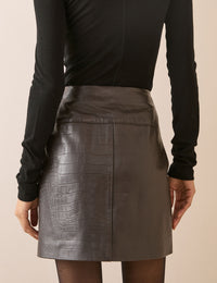 Brown Textured Leather Mini Skirt