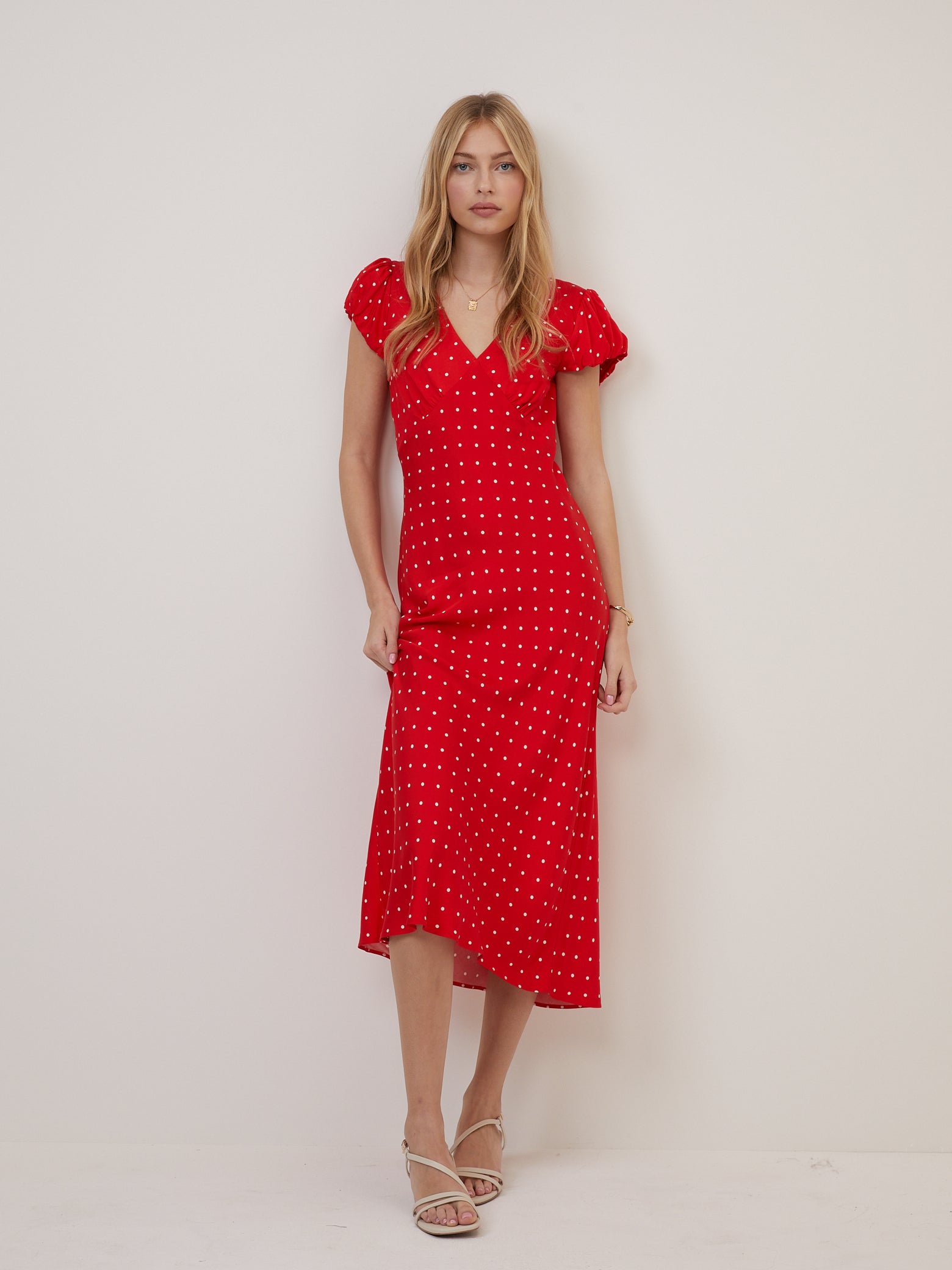 Red Polka Dot V-Neck Lina Midi Dress Red Polka Dot V-Neck Lina Midi Dress