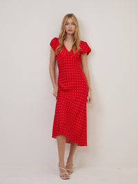 Red Polka Dot V Neck Lina Midi Dress