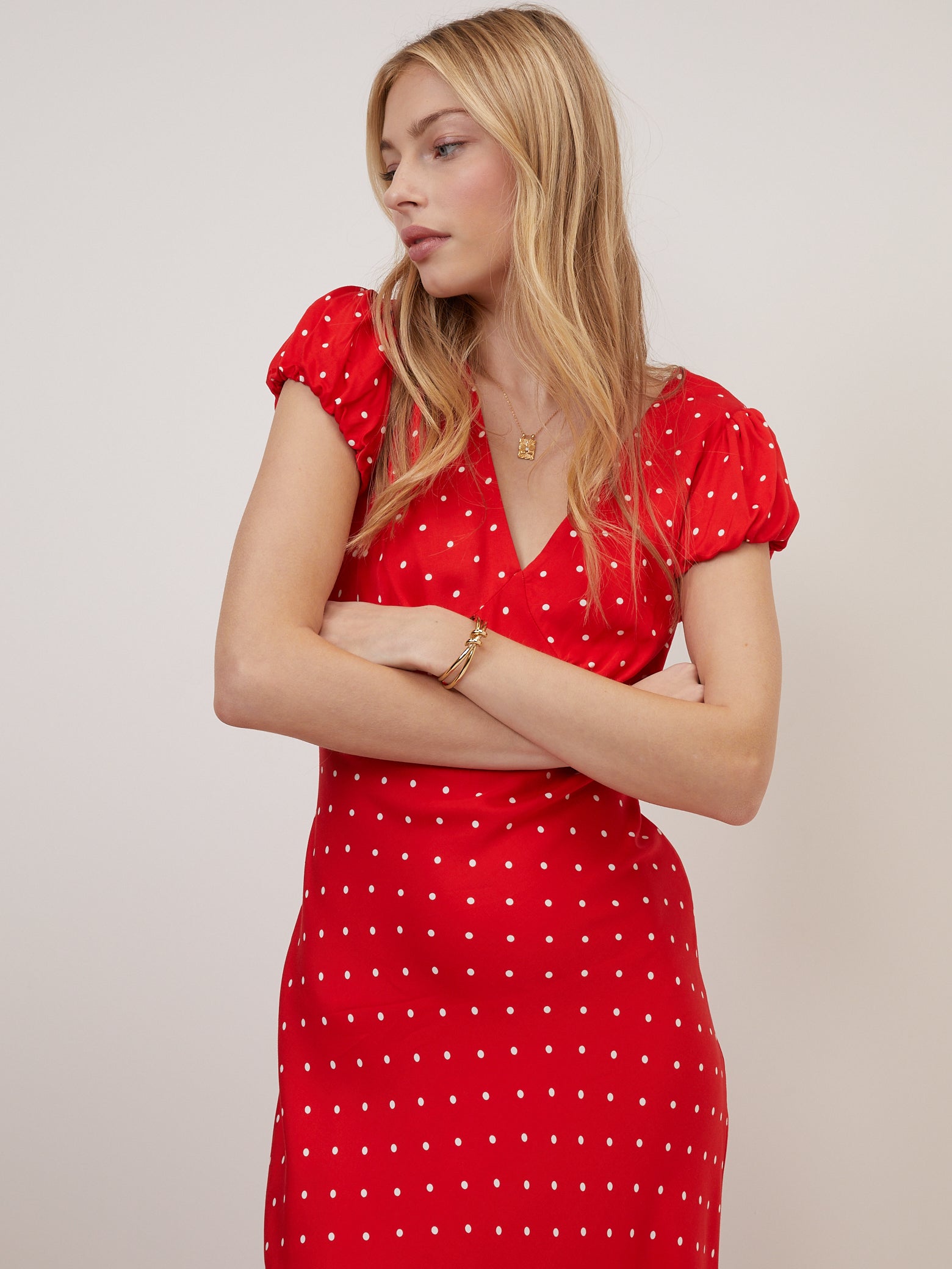 Red Polka Dot V Neck Lina Midi Dress