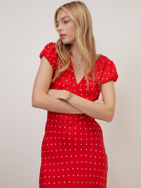 Red Polka Dot V Neck Lina Midi Dress