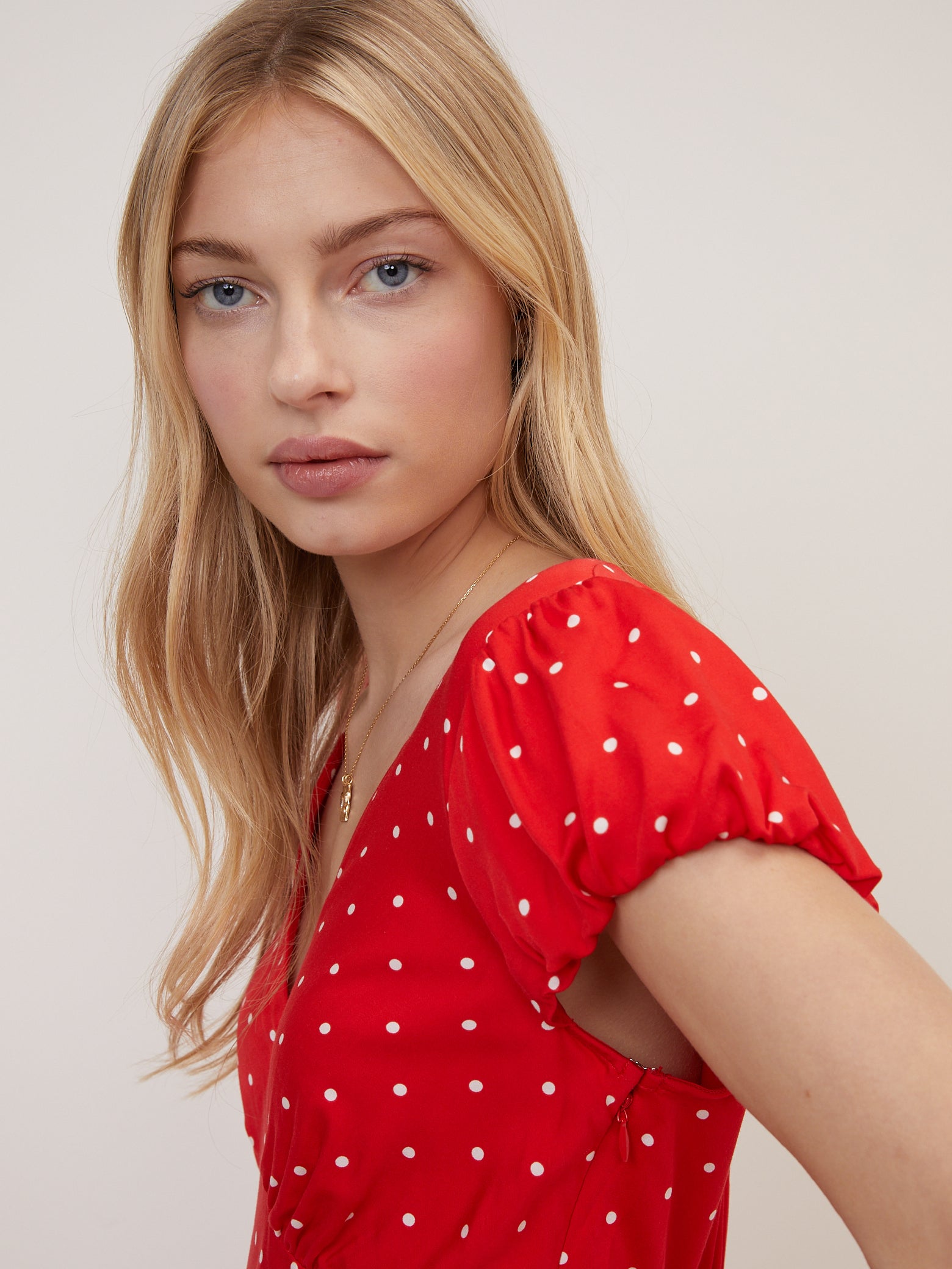 Red Polka Dot V Neck Lina Midi Dress
