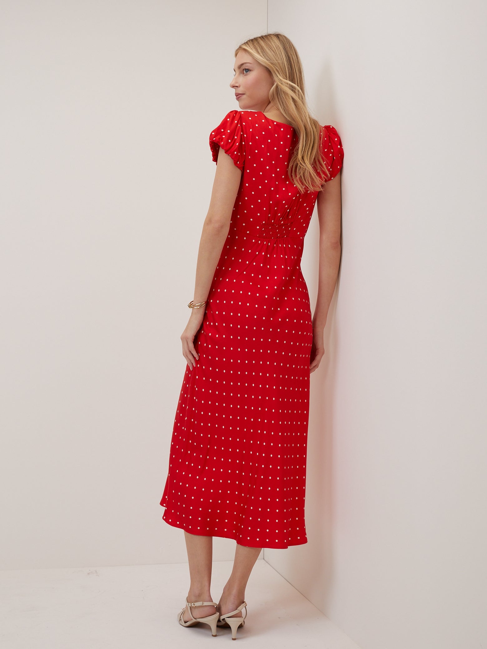 Red Polka Dot V Neck Lina Midi Dress